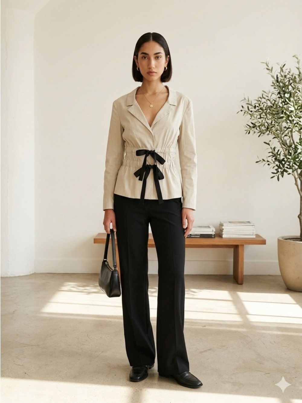 Prada Beige Cotton Peplum Ribbon Top / Blazer / Jacket - US 6 (IT 42)